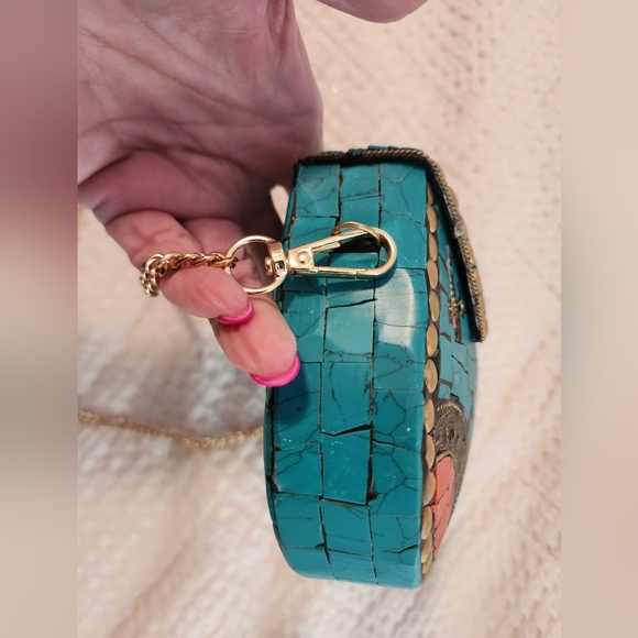 Ramla Handmade Turquoise Mosaic Floral Purse with Gold Chain Strap Southwestern - Picture 6 of 11